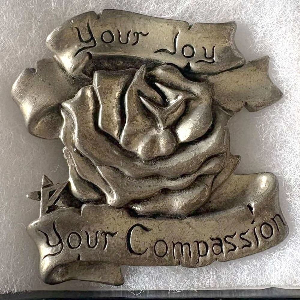 French LeCompte Pewter Rose Belt Buckle Your Joy Your Compassion Vintage Silver